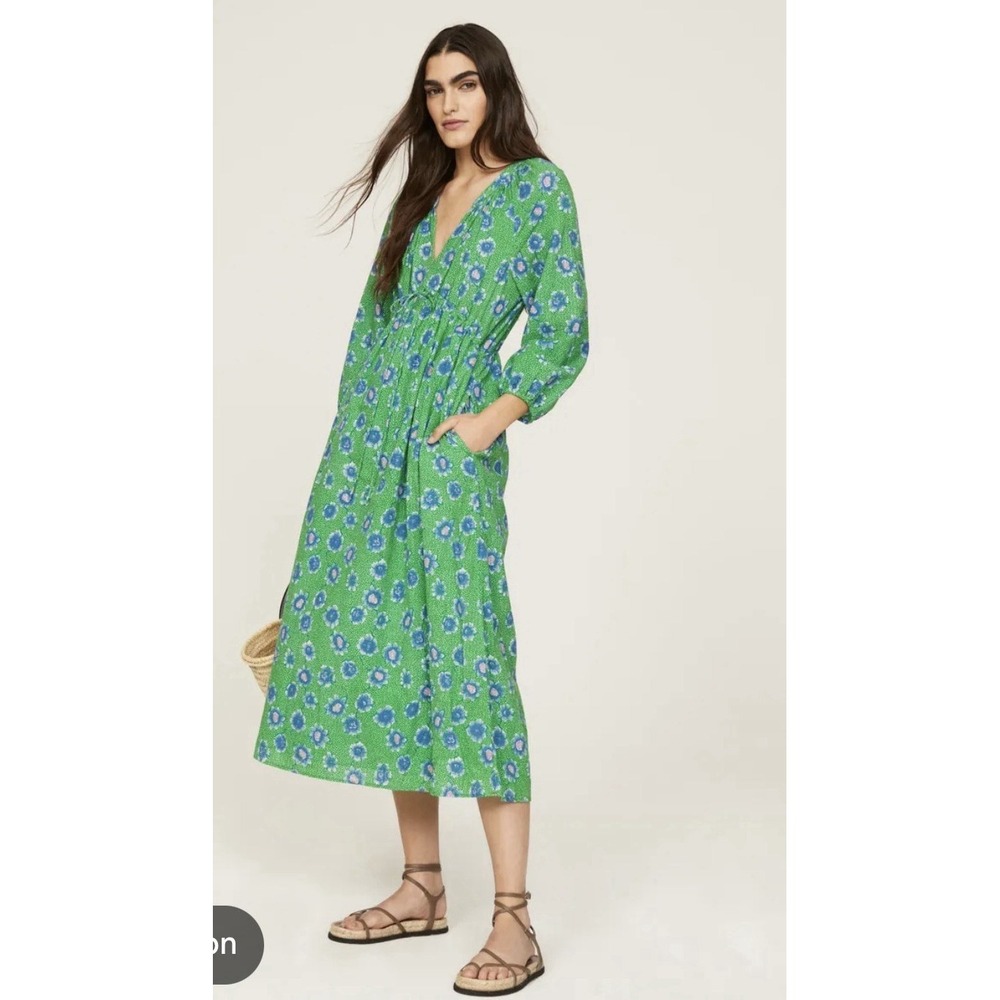 Xirena Liv Dress Green Poppy Floral Long‎ Sleeve Midi Smocked M Preppy Summer